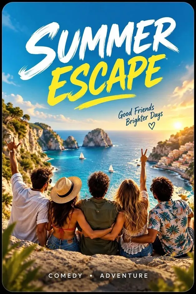 Summer adventure poster showing friends overlooking a beautiful Mediterranean coast on IPTVX