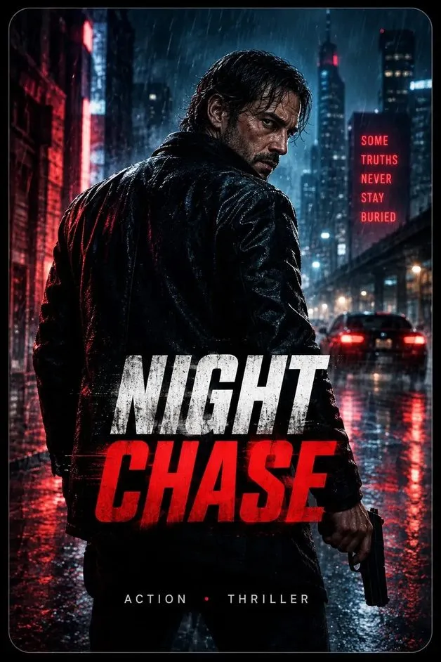Action thriller poster featuring a mysterious man in a rainy city at night on IPTVX