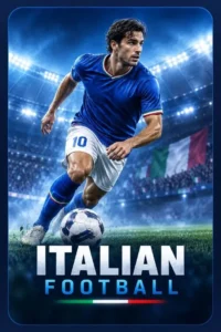 Italian football poster featuring a player in blue controlling the ball in a stadium on IPTVX
