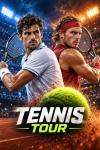 Tennis tournament poster featuring two professional players with rackets in a dramatic stadium on IPTVX